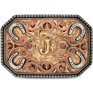 A custom initials belt buckle for men with horsehoe silver figure built on a golden bronze hand engraved base adorned with copper scrolls